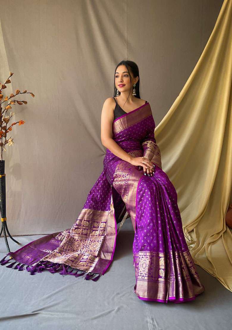 Purple Zari Woven Silk Saree Set for Diwali and Festive Wear - Indya