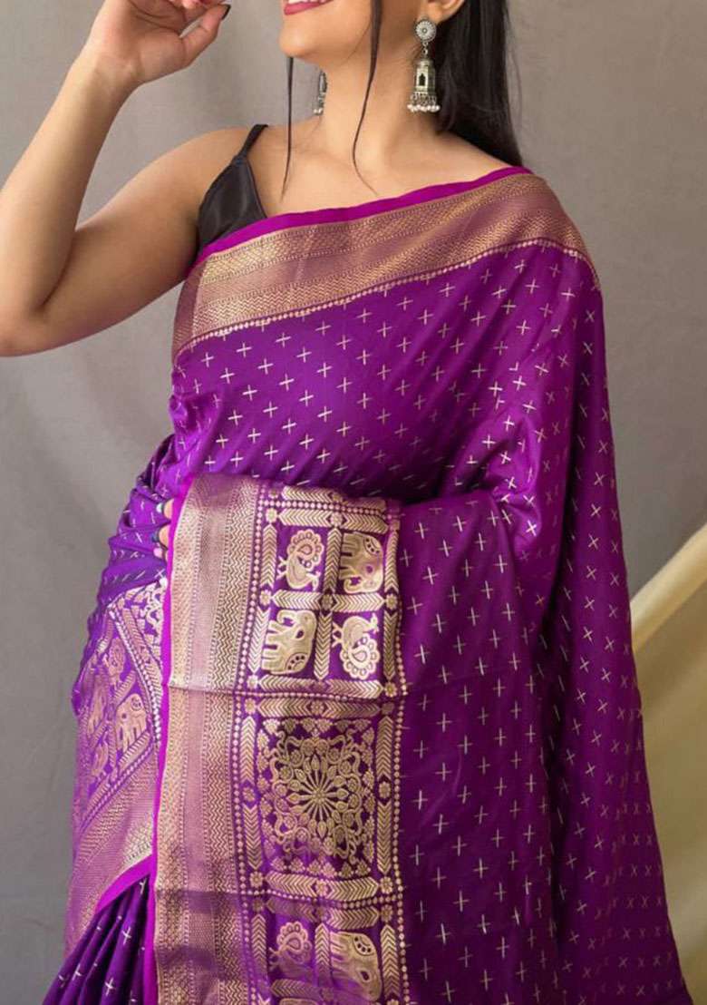 Purple Zari Woven Silk Saree Set for Diwali and Festive Wear - Indya