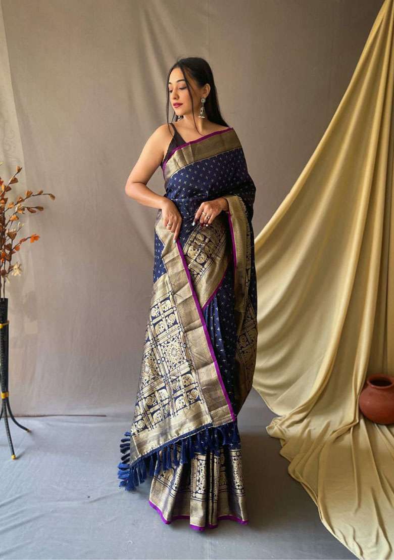 Indigo Blue Zari Woven Silk Saree Set for Diwali and Festive Wear - Indya