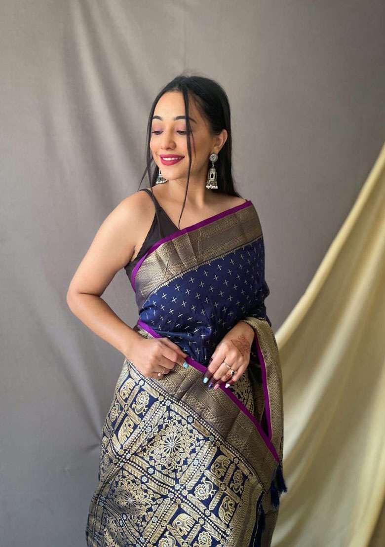 Indigo Blue Zari Woven Silk Saree Set for Diwali and Festive Wear - Indya