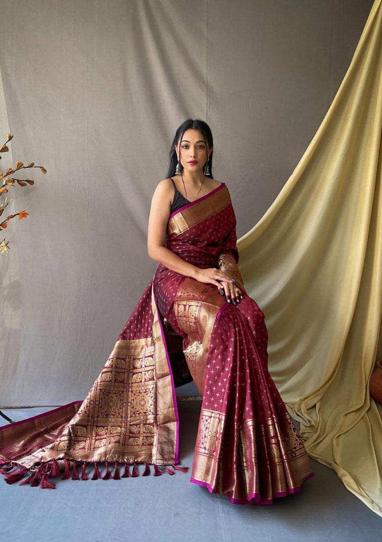 Maroon Zari Woven Silk Saree Set