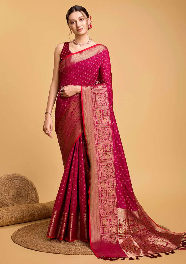 Pink Zari Woven Silk Saree Set for Diwali | Wedding & Festive Wear - Indya