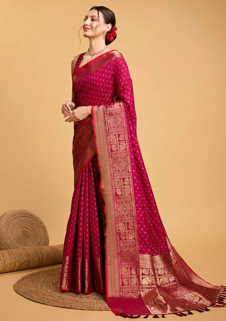 Pink Zari Woven Silk Saree Set for Diwali | Wedding & Festive Wear - Indya