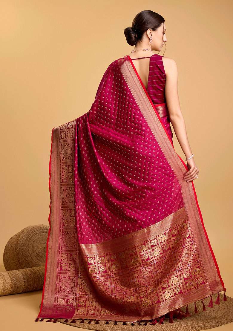 Pink Zari Woven Silk Saree Set for Diwali | Wedding & Festive Wear - Indya