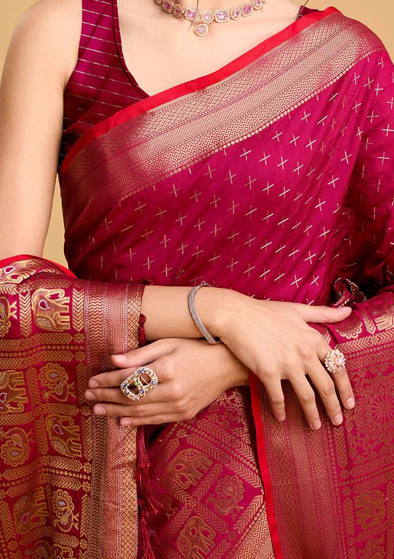 Pink Zari Woven Silk Saree Set for Diwali | Wedding & Festive Wear - Indya