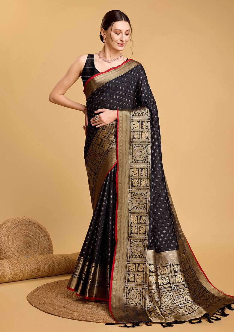 Navy Blue Zari Woven Silk Saree Set for Diwali | Wedding & Festive Wear - Indya