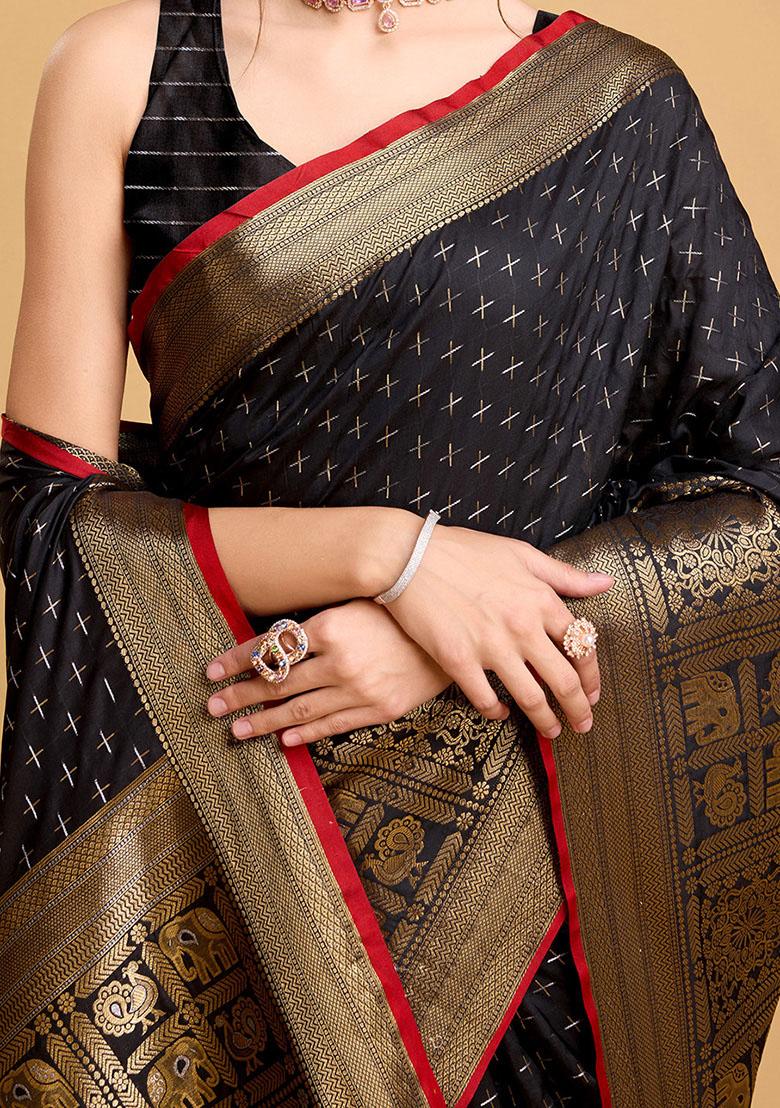 Navy Blue Zari Woven Silk Saree Set - Indya