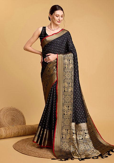 Navy Blue Zari Woven Silk Saree Set