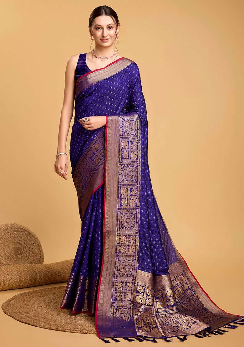Blue Zari Woven Silk Saree Set for Diwali and Festive Wear - Indya