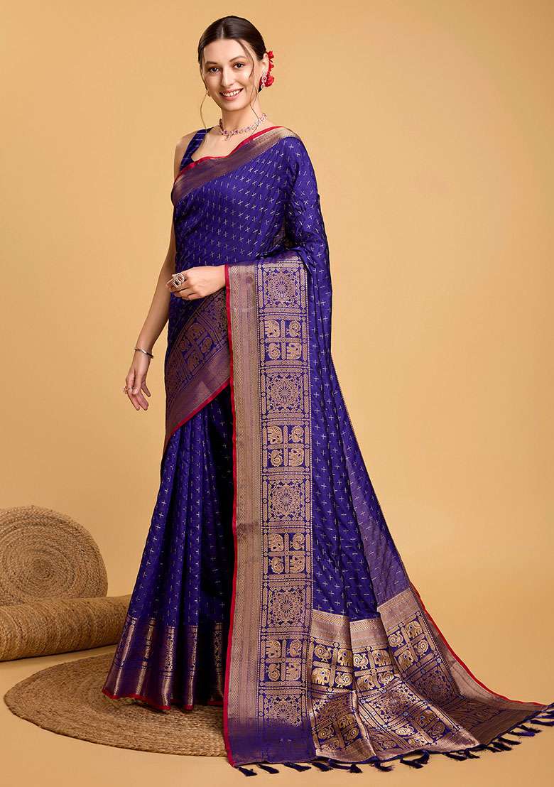 Blue Zari Woven Silk Saree Set for Diwali and Festive Wear - Indya