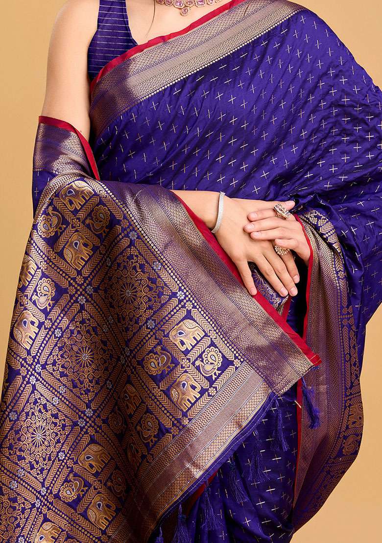 Blue Zari Woven Silk Saree Set for Diwali and Festive Wear - Indya