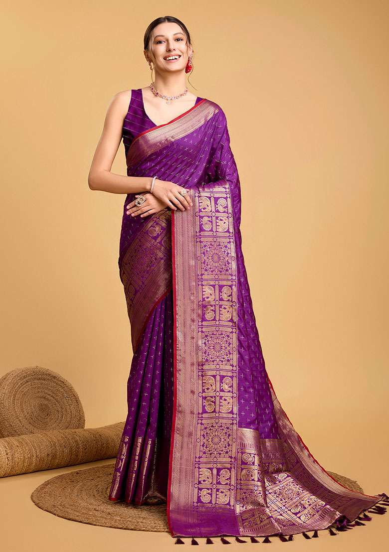 Purple Zari Woven Silk Saree Set for Diwali | Wedding & Festive Wear - Indya