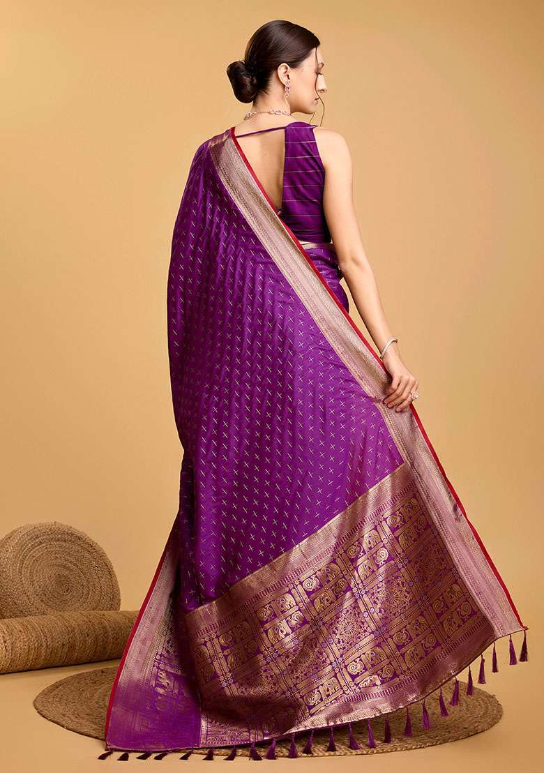 Purple Zari Woven Silk Saree Set for Diwali | Wedding & Festive Wear - Indya