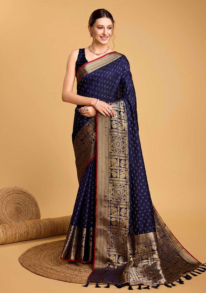 Indigo Blue Zari Woven Silk Saree Set for Diwali and Festive Wear - Indya