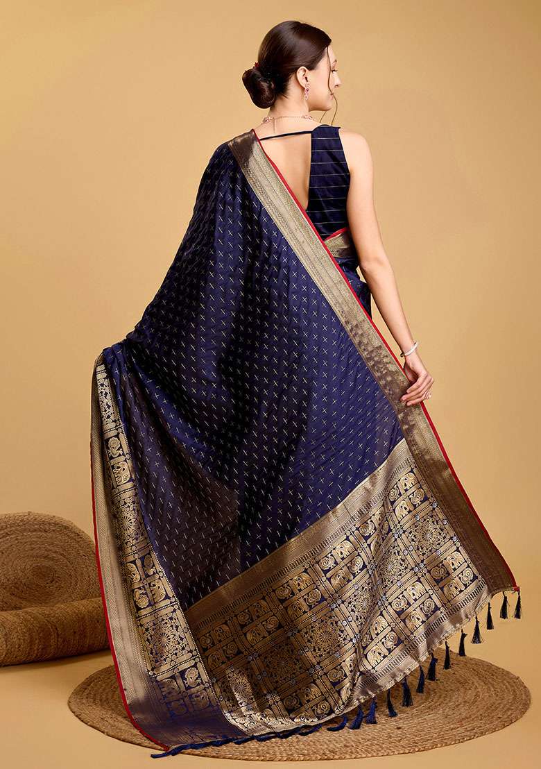 Indigo Blue Zari Woven Silk Saree Set for Diwali and Festive Wear - Indya