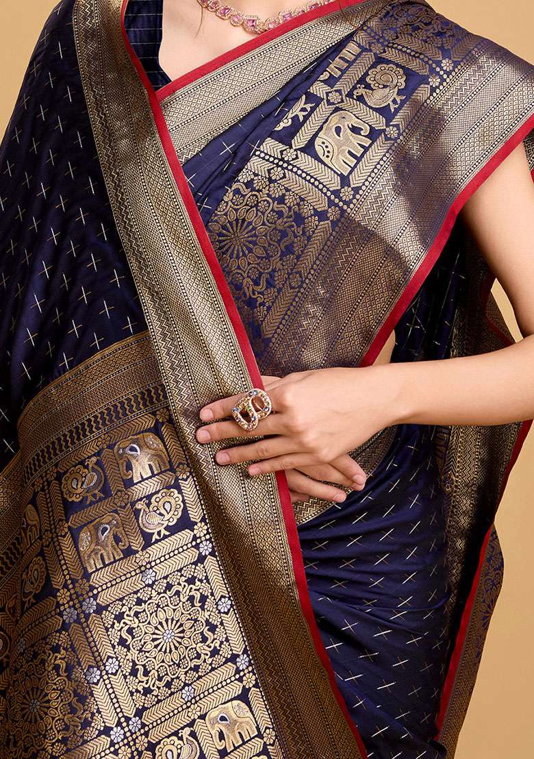Indigo Blue Zari Woven Silk Saree Set for Diwali and Festive Wear - Indya