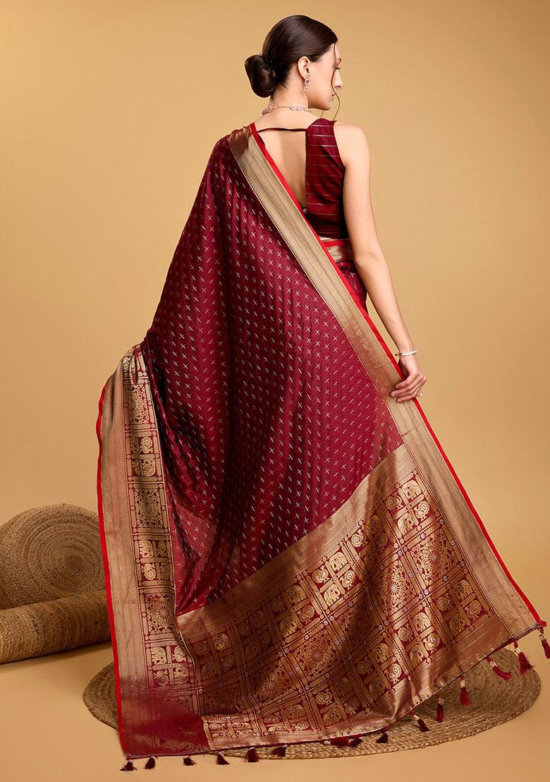 Maroon Zari Woven Silk Saree Set
