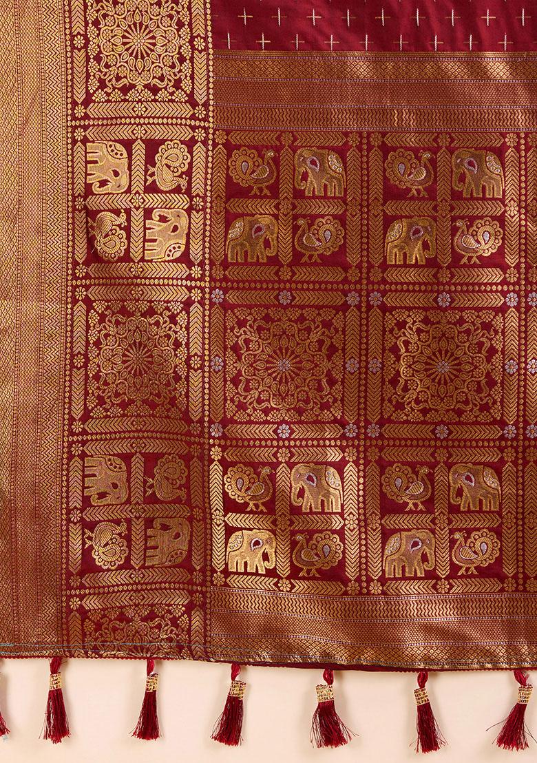 Maroon Zari Woven Silk Saree Set