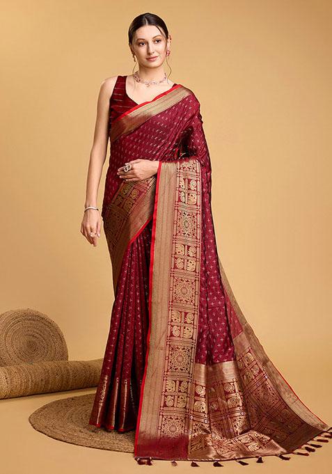 Maroon Zari Woven Silk Saree Set