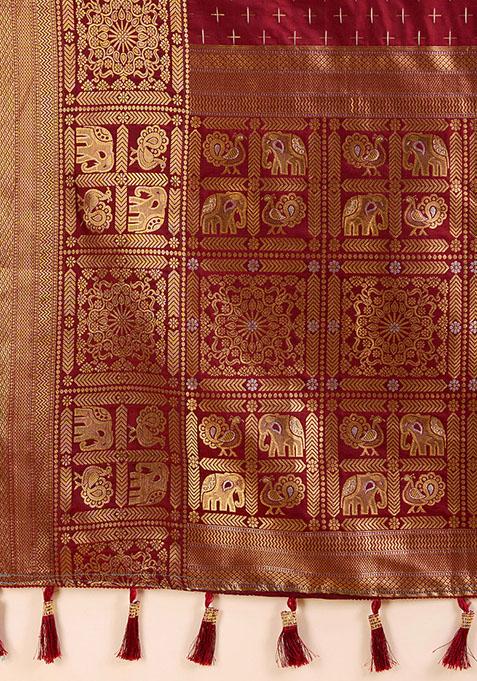 Maroon Zari Woven Silk Saree Set