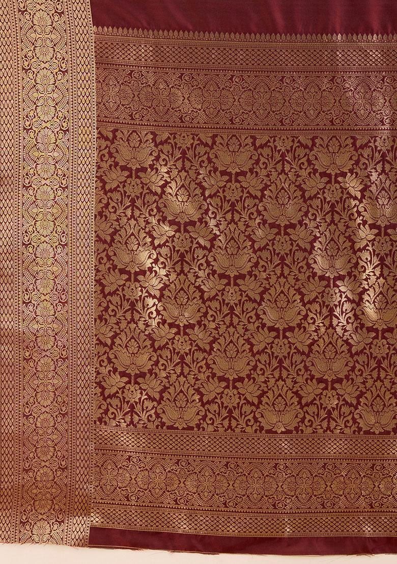 Maroon Zari Woven Silk Saree Set