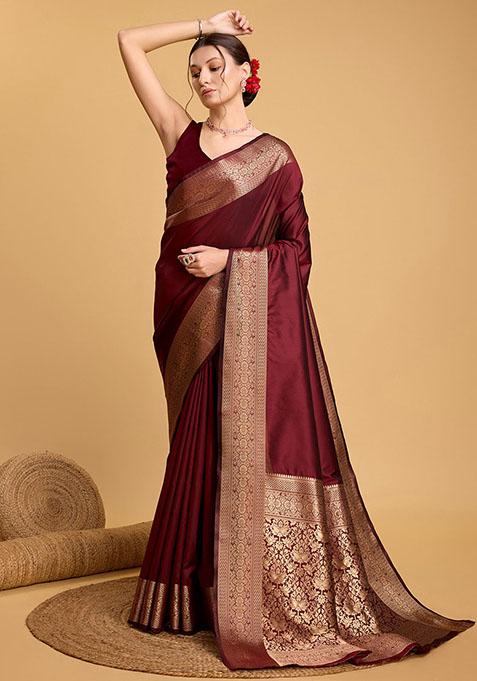 Maroon Zari Woven Silk Saree Set