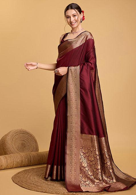 Maroon Zari Woven Silk Saree Set