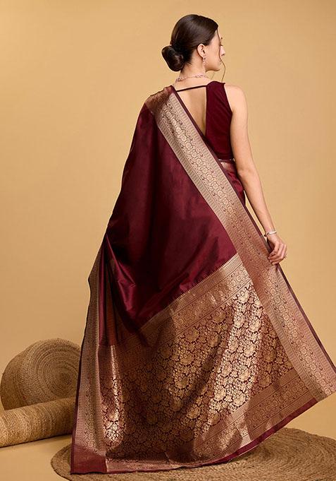 Maroon Zari Woven Silk Saree Set