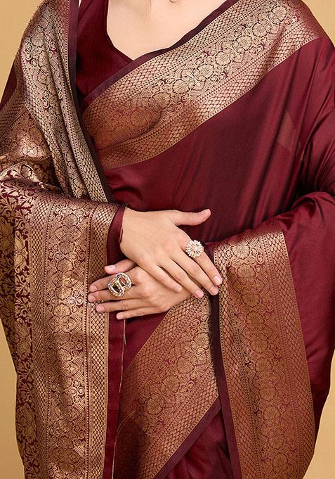 Maroon Zari Woven Silk Saree Set