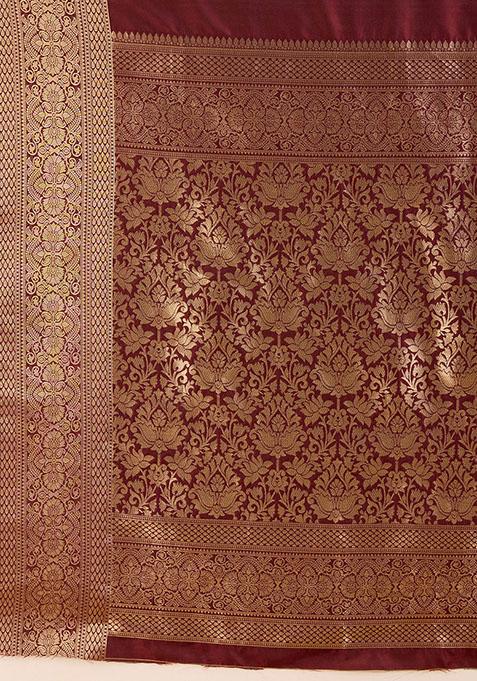 Maroon Zari Woven Silk Saree Set