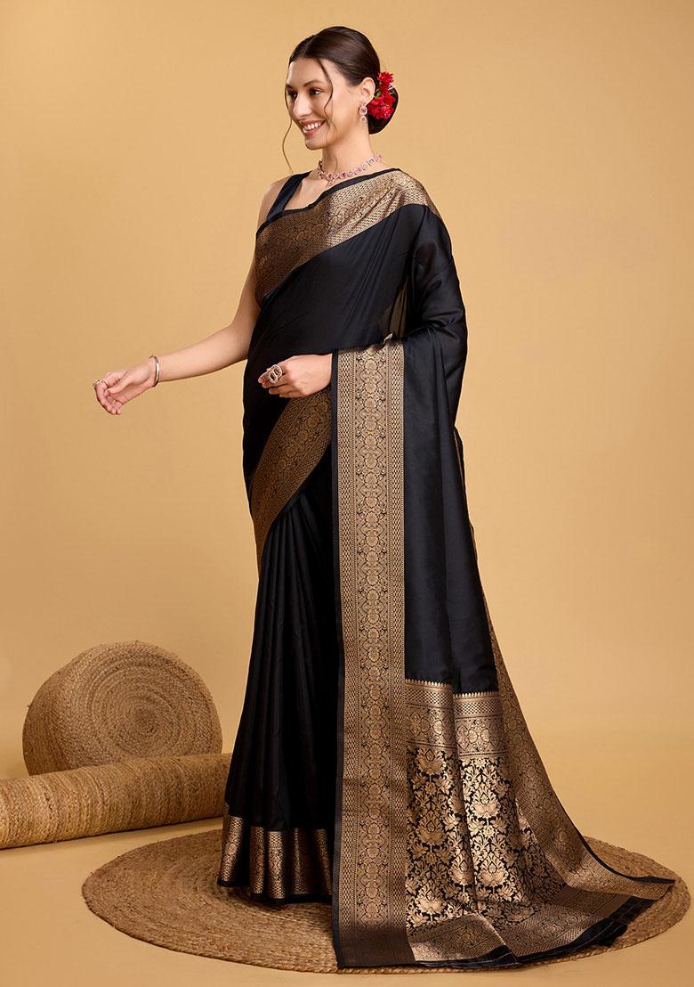 Black Zari Woven Silk Saree Set - Indya