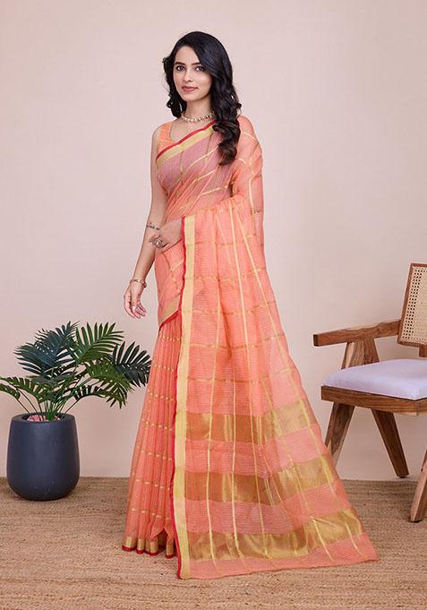 Peach Zari Woven Kota Doria Silk Saree Set