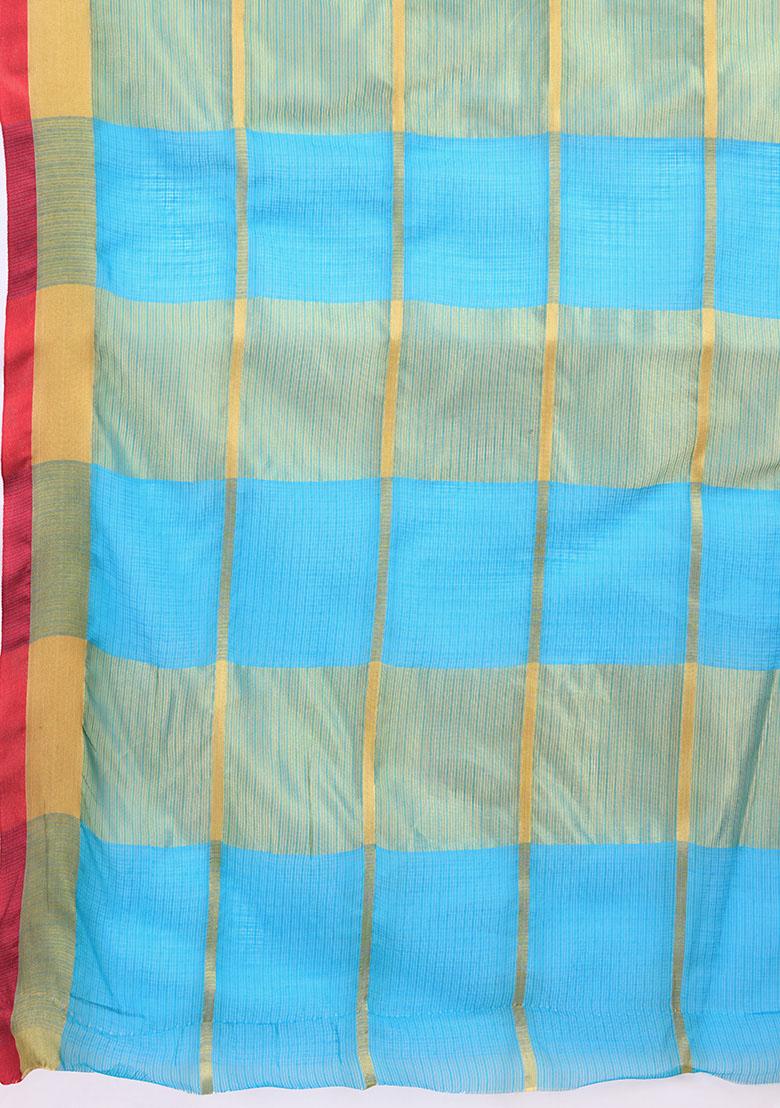 Sea Blue Zari Woven Kota Doria Silk Saree Set