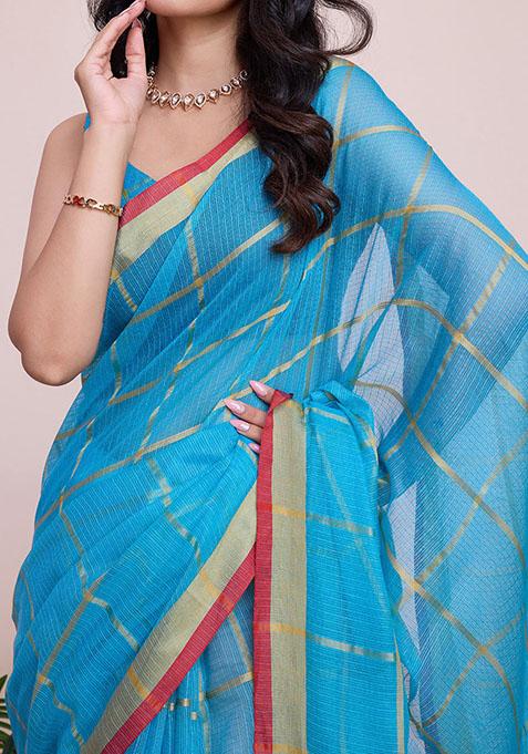 Sea Blue Zari Woven Kota Doria Silk Saree Set