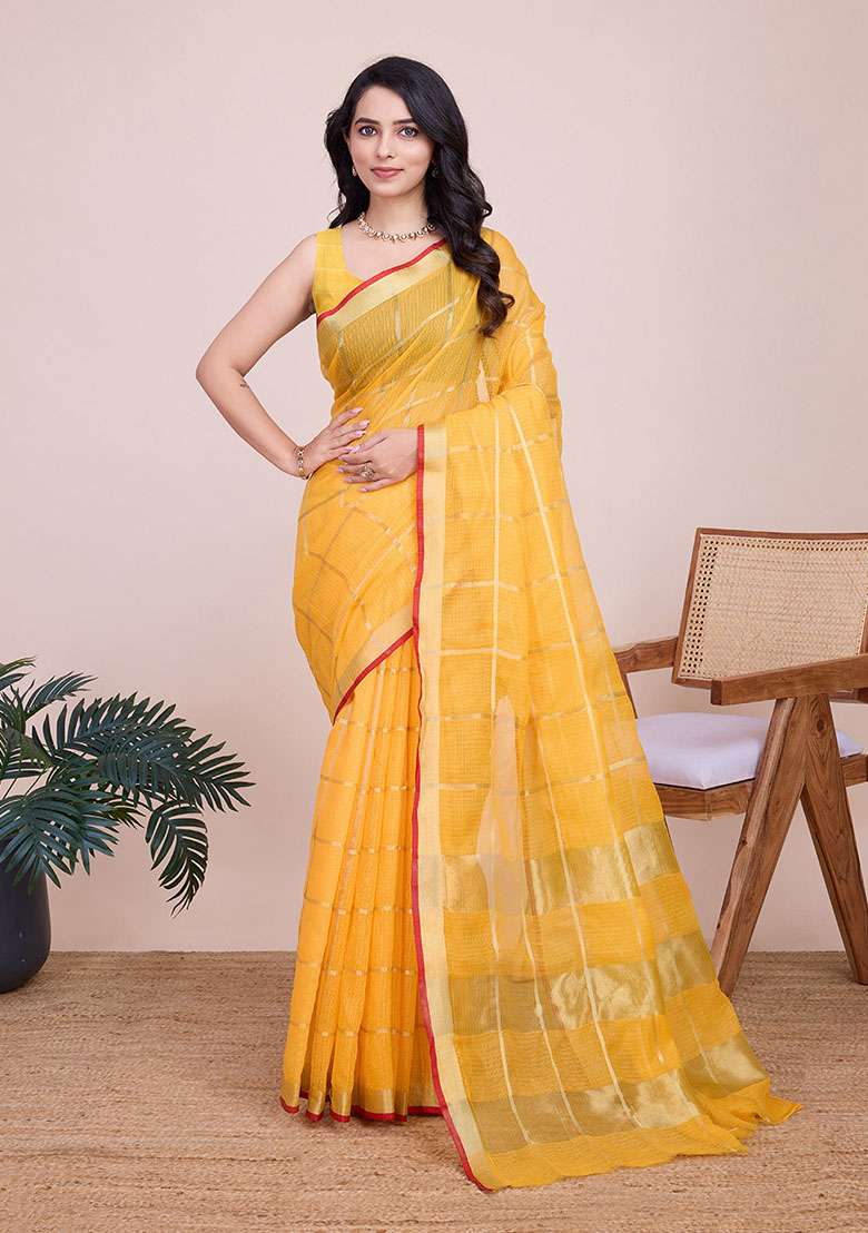 Yellow Zari Woven Kota Doria Silk Saree Set for Diwali and Festive Wear - Indya