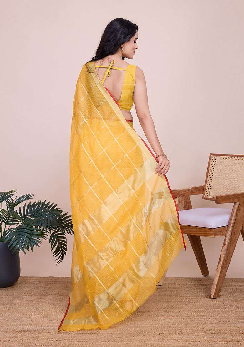 Yellow Zari Woven Kota Doria Silk Saree Set for Diwali and Festive Wear - Indya