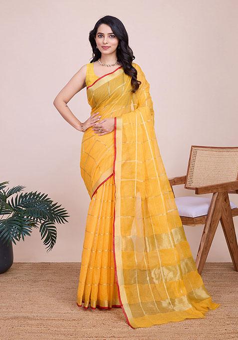 Yellow Zari Woven Kota Doria Silk Saree Set