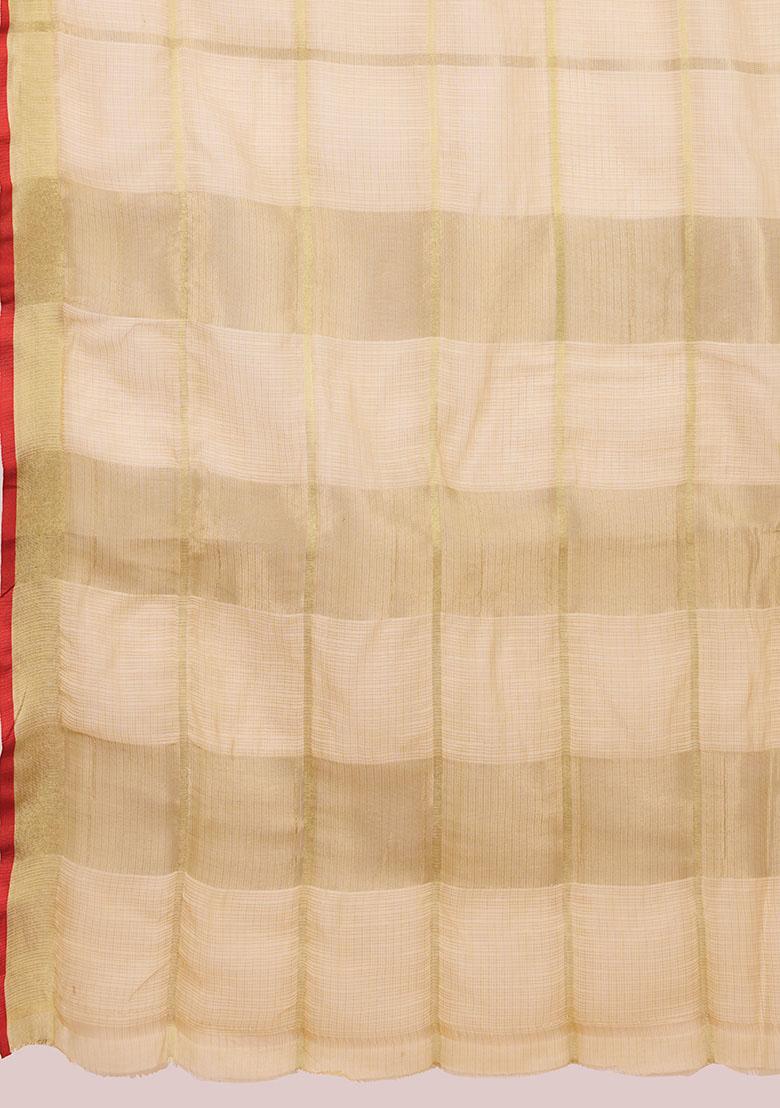 Cream Zari Woven Kota Doria Silk Saree Set