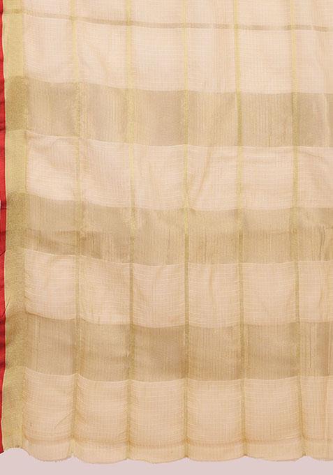 Cream Zari Woven Kota Doria Silk Saree Set