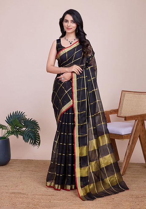 Black Zari Woven Kota Doria Silk Saree Set