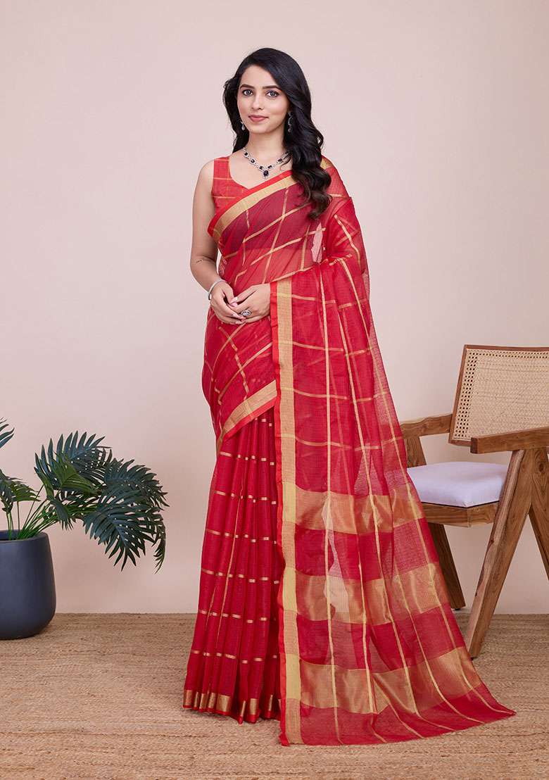 Red Zari Woven Kota Doria Silk Saree Set - Indya