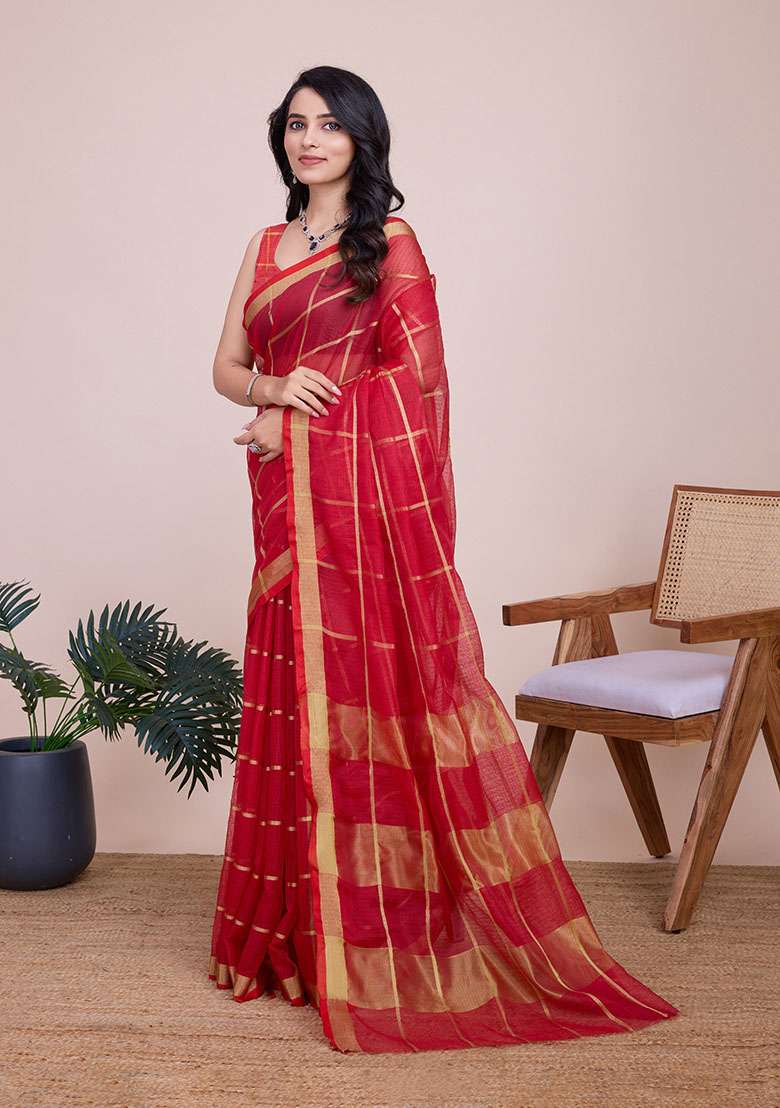Red Zari Woven Kota Doria Silk Saree Set - Indya