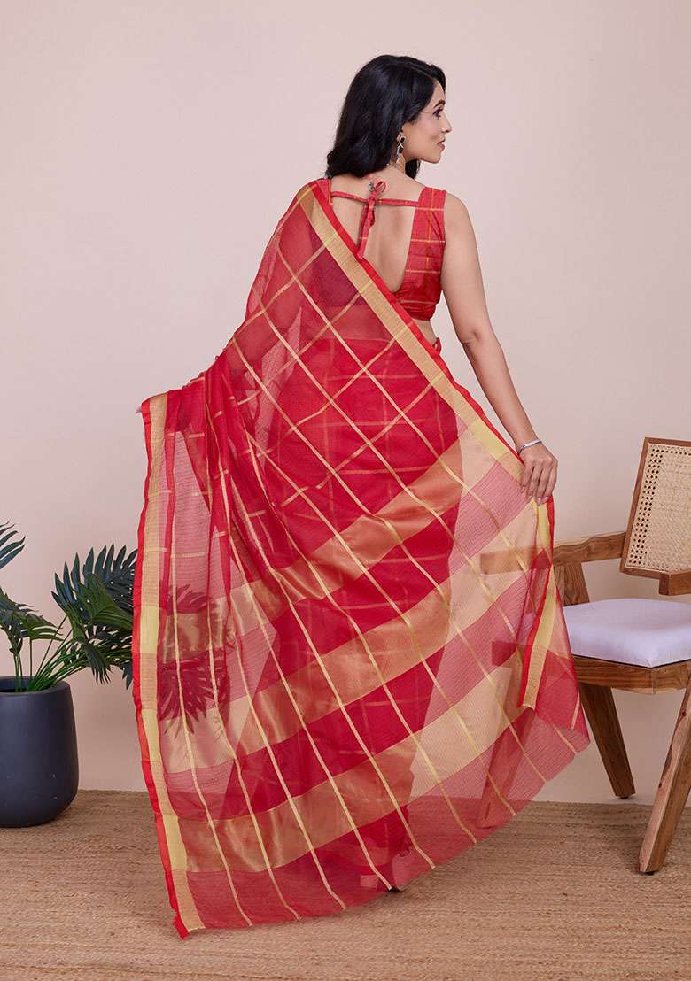 Red Zari Woven Kota Doria Silk Saree Set - Indya