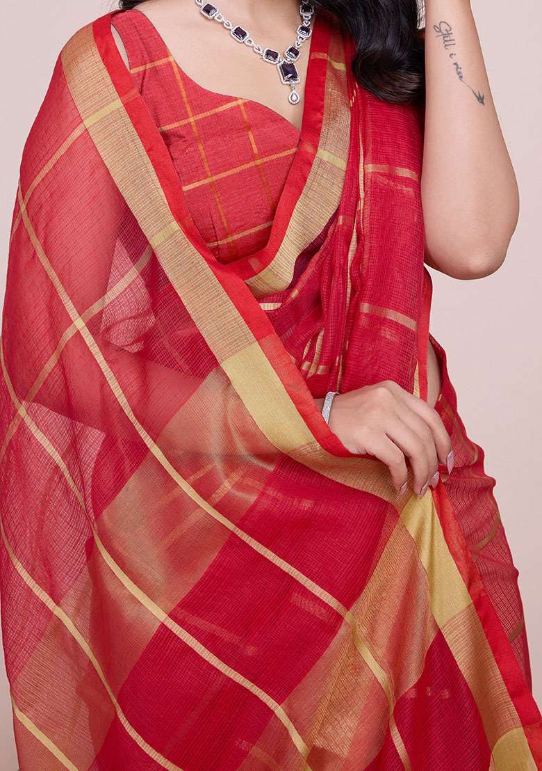 Red Zari Woven Kota Doria Silk Saree Set - Indya