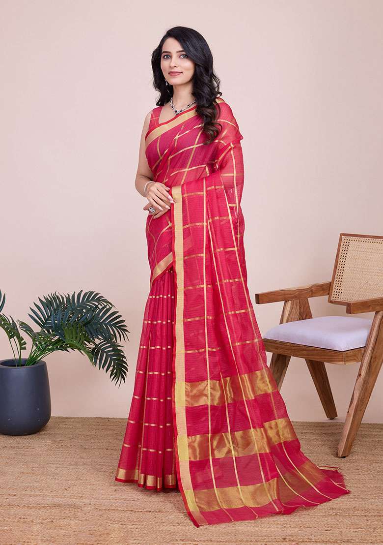 Rani Pink Zari Woven Kota Doria Silk Saree Set for Diwali | Wedding & Festive Wear - Indya