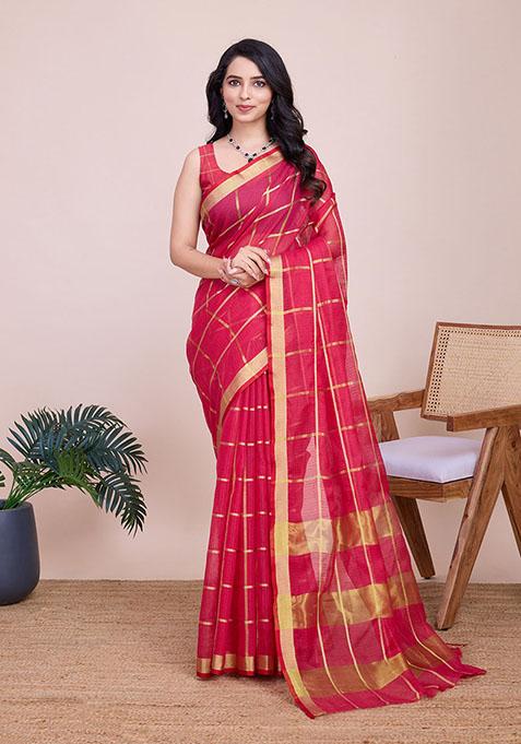 Rani Pink Zari Woven Kota Doria Silk Saree Set