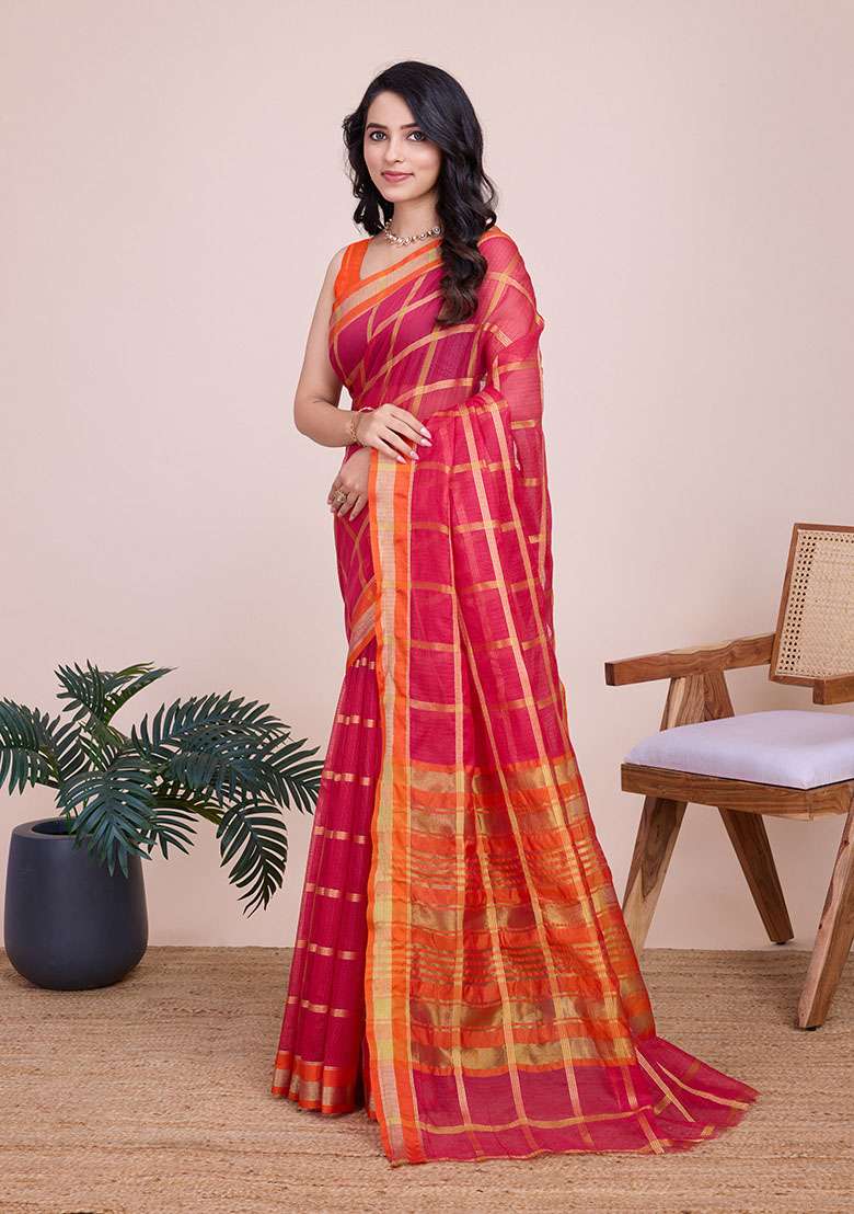 Red Zari Woven Kota Doria Silk Saree Set - Indya