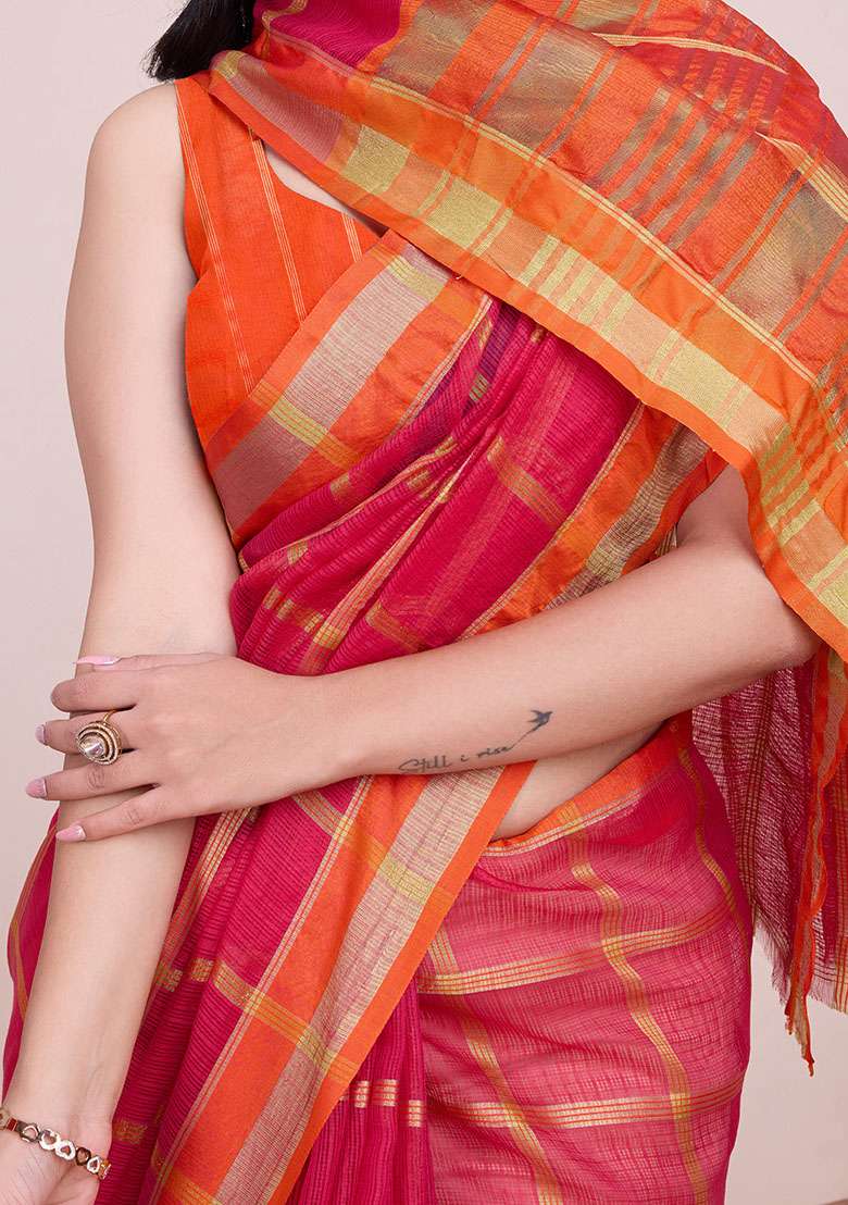Red Zari Woven Kota Doria Silk Saree Set - Indya