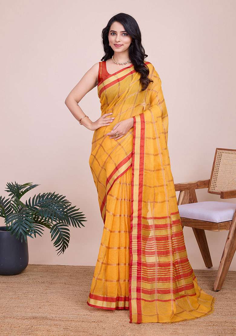 Yellow Zari Woven Kota Doria Silk Saree Set - Indya
