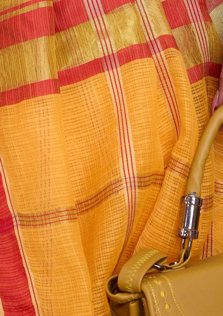 Yellow Zari Woven Kota Doria Silk Saree Set - Indya